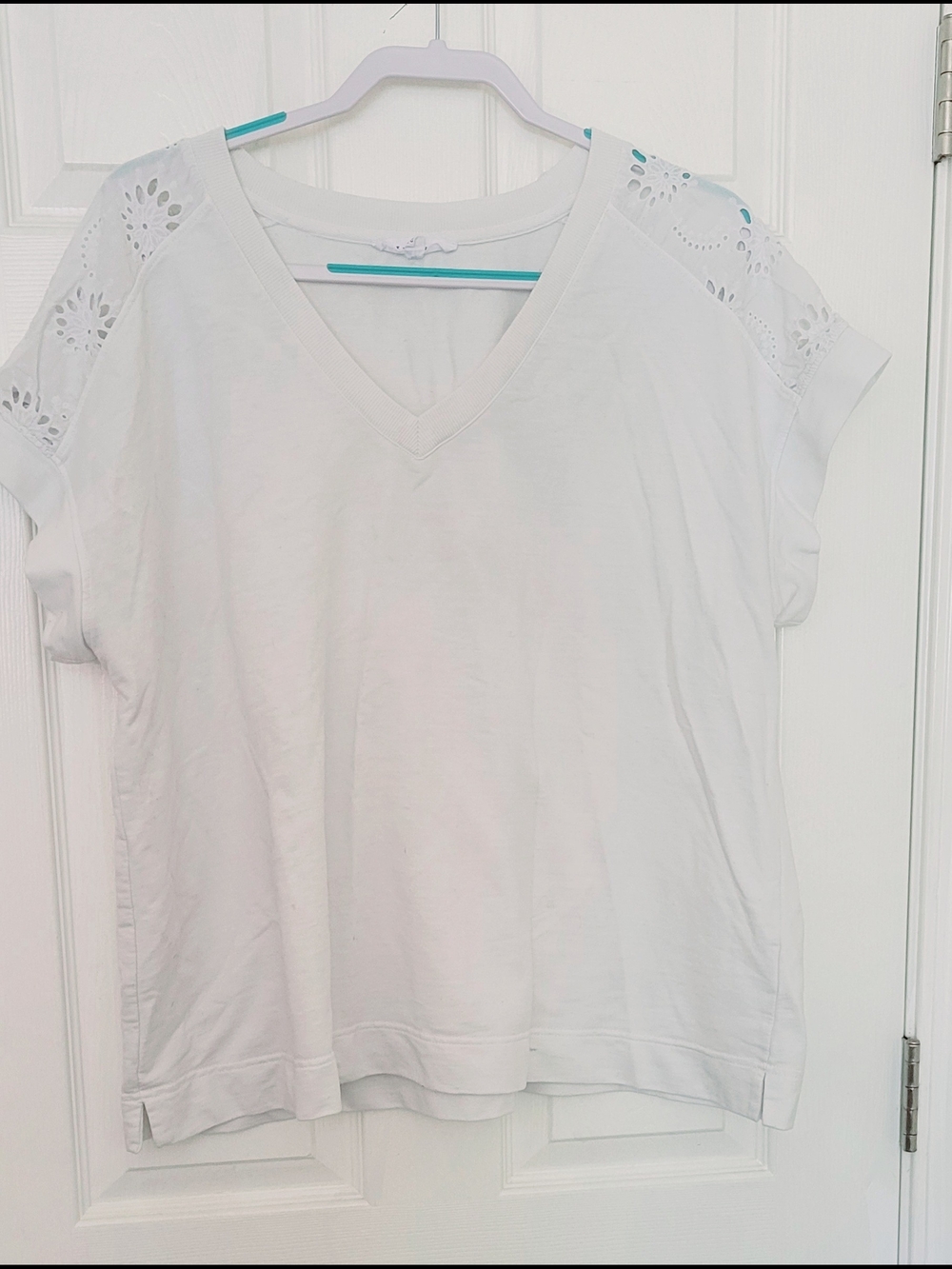 Jane and Delancey White V-Neck Short Sleeve Top with Eyelet Shoulders